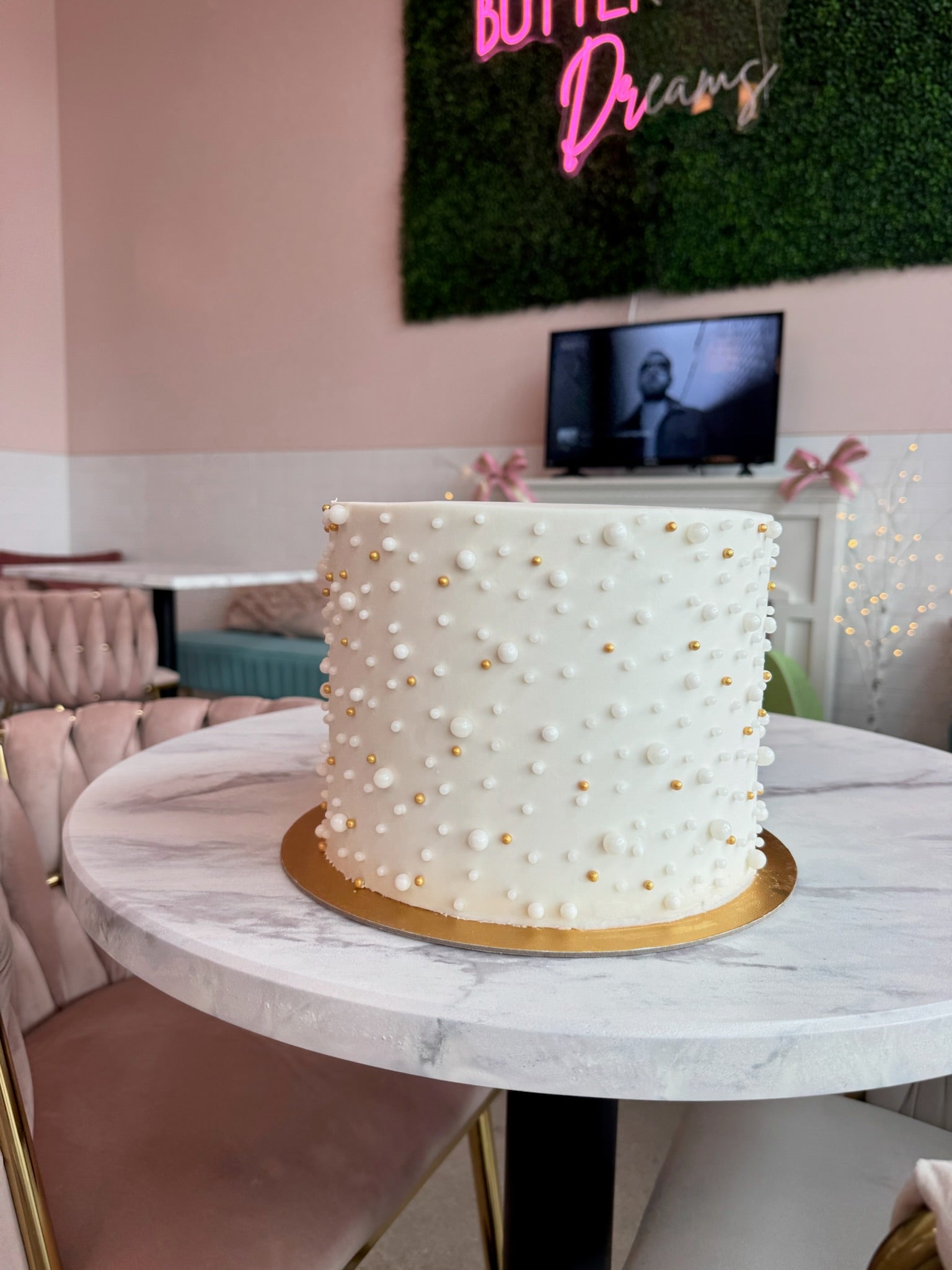 Pearl & Gold Beaded Cake | Southern Charm Cakery
